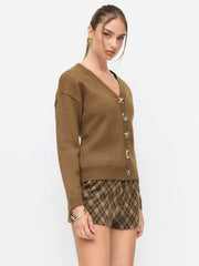 Knit V-neck Belted Metal Button Detail Oversized Cardigan