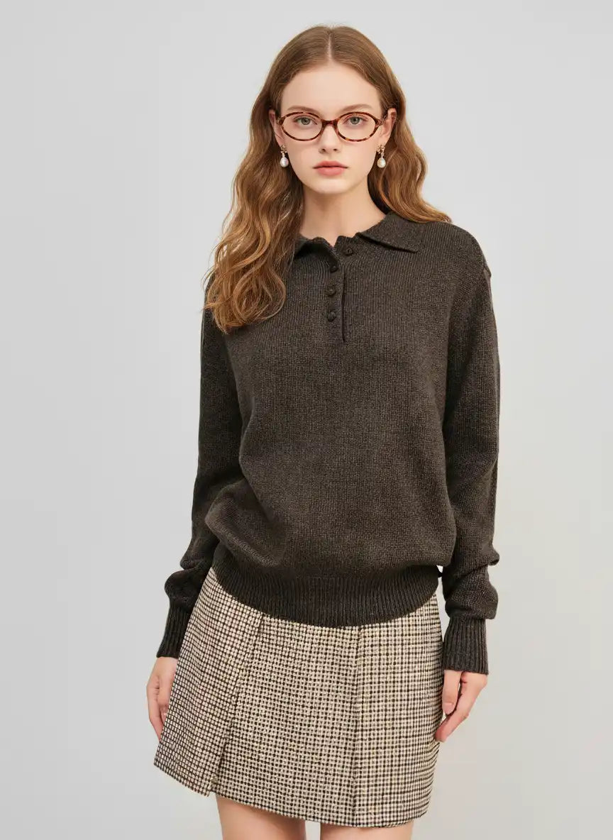 Knit Polo Solid Button Sweater