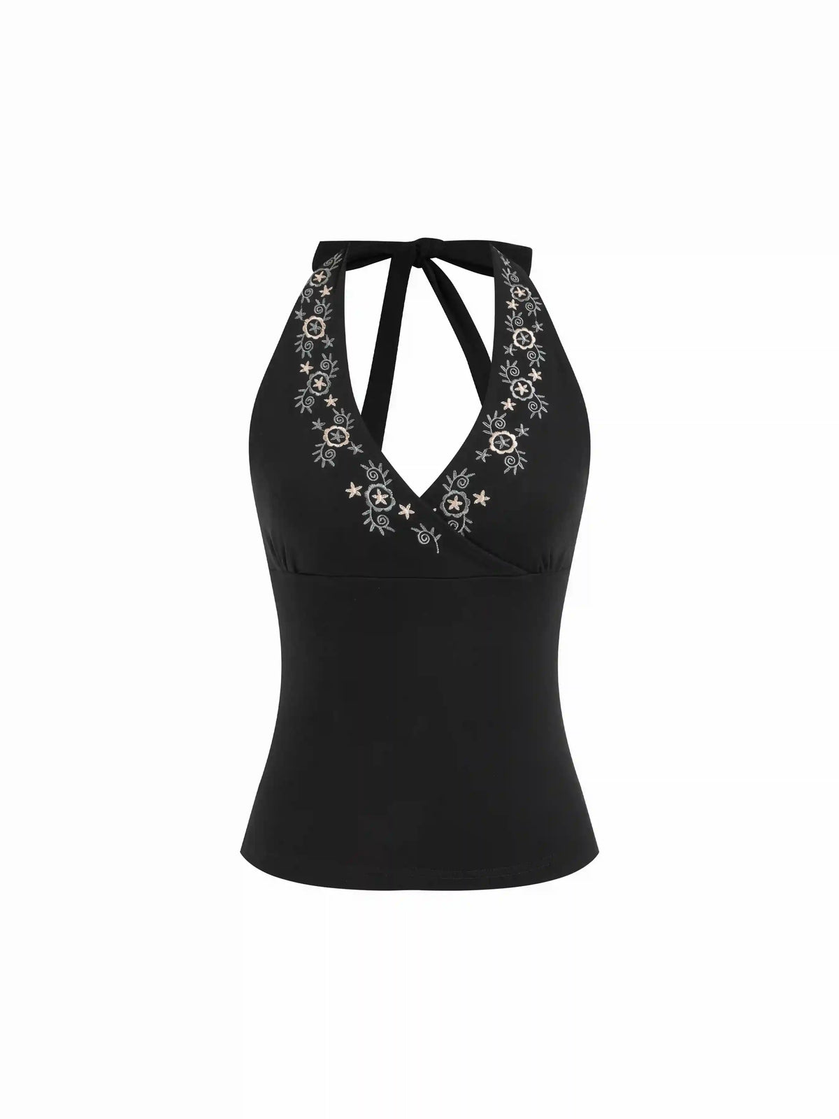 Cotton-blend Floral Halter Neckline Embroidery Tank Top