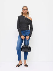 Asymmetrical Neck Long Sleeve Button Tee
