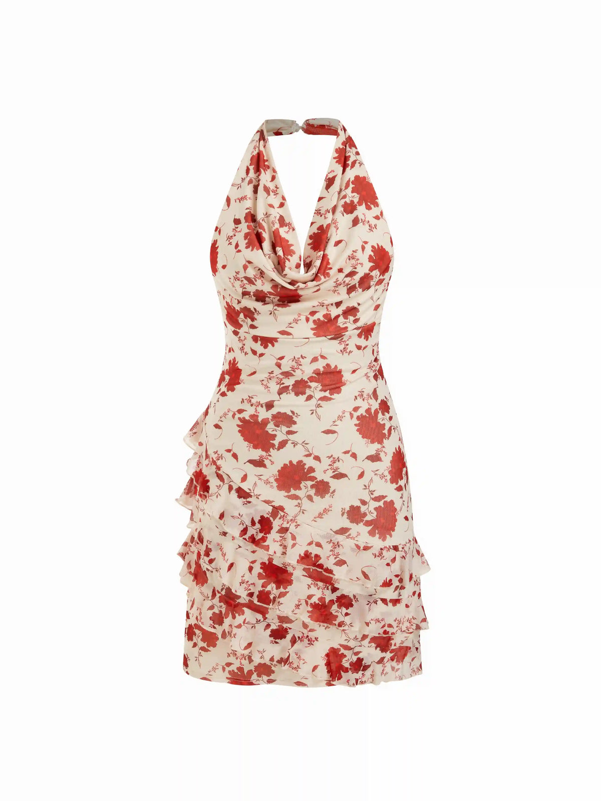 Chiffon Floral Halter Neck Tiered Mini Dress