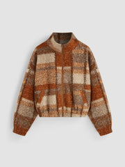 Fleece Stand Collar Checks Pocket Oversized Jacket