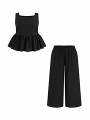 Linen-blend Square Neck Ruffle Hem Tank Top & Wide Leg Trousers Set Curve & Plus