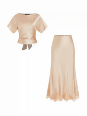 Satin Boat Neck Bowknot Top & Mid Rise Lace Trim Mermaid Maxi Skirt Set