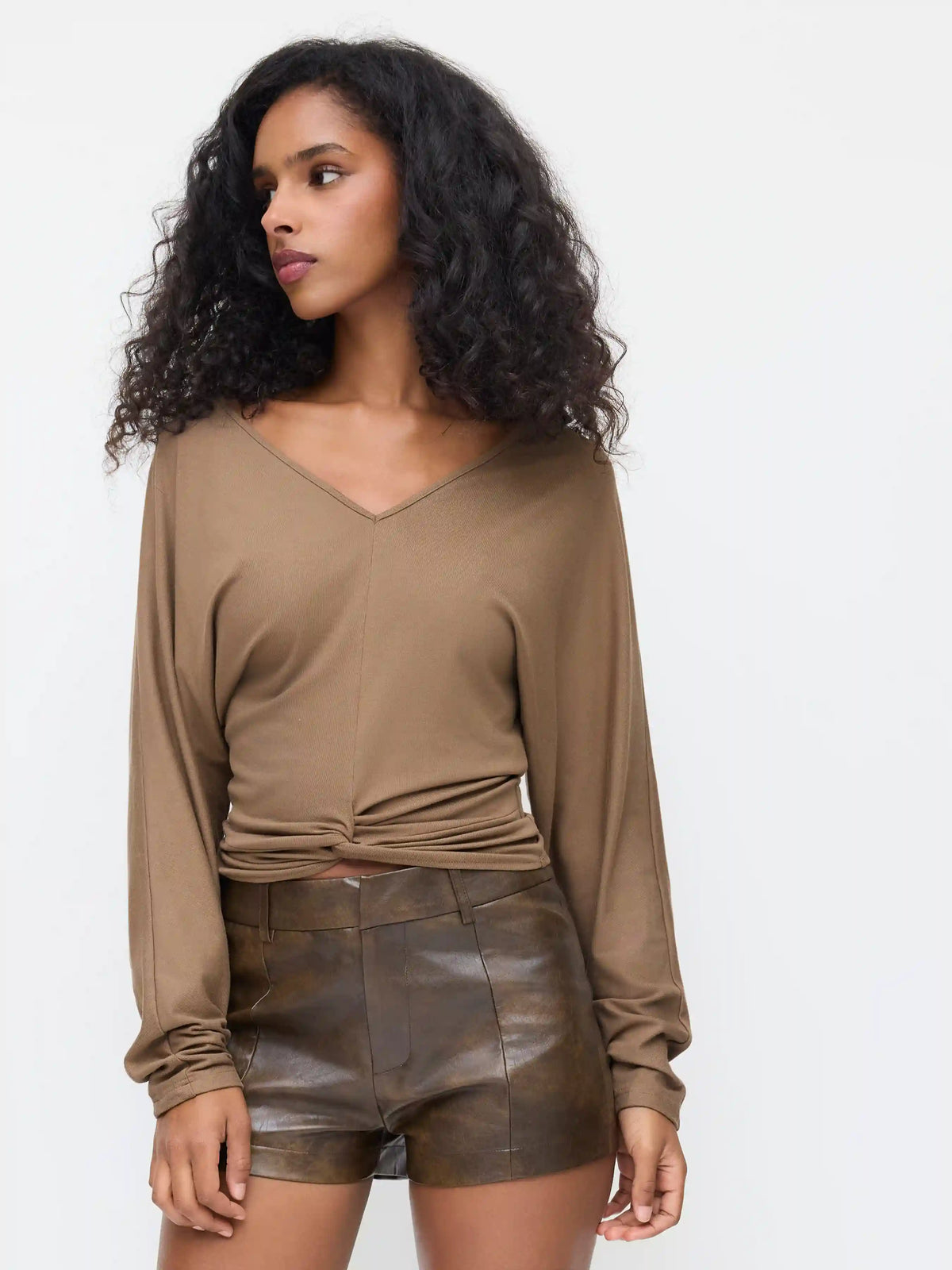 V-neck Twist Ruched Long Sleeve Top