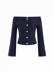 Multi-way Cable Knit Boat Neck Metal Detail Cardigan
