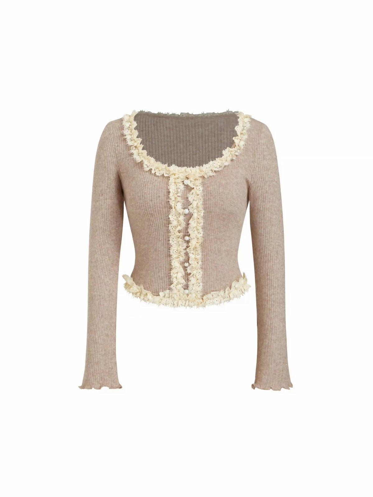U-neckline Lace Trim Long Sleeve Top