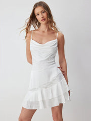 Satin Cowl Neck Lace Ruched Ruffle Hem Mini Dress