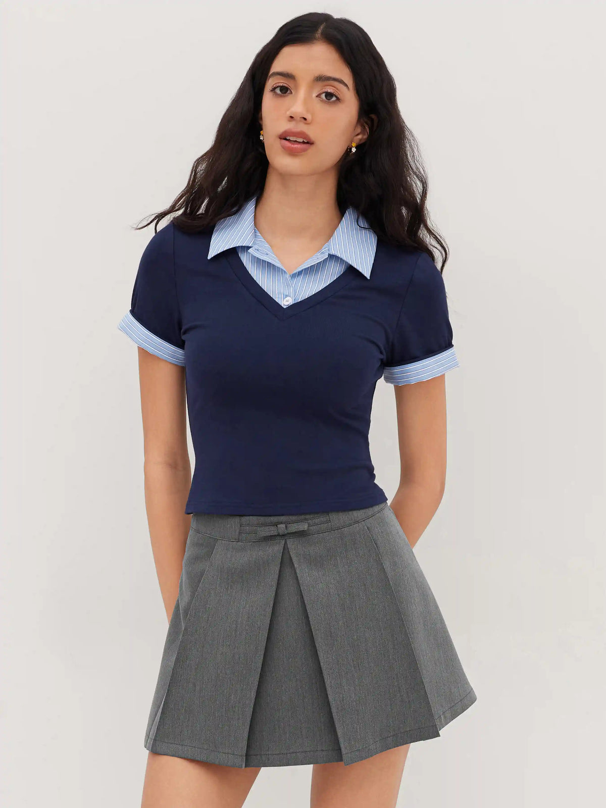 Cotton Collar Stripe Two Tone Short Sleeve Top