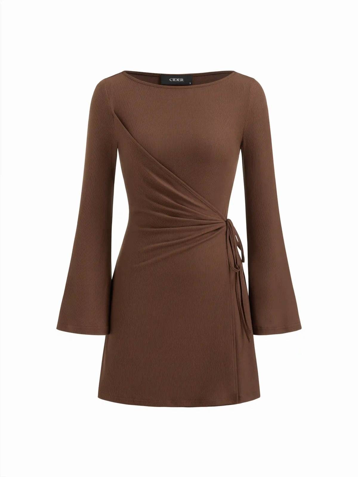 Boat Neck Wrap Ruched Knotted Bell Sleeve Mini Dress