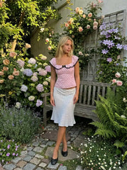 Heart Square Neck Lace Trim Bowknot Shirred Blouse