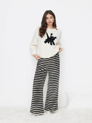 Fleece Fiercely Cat Oversized Top & Mid Rise Striped Straight Leg Trousers Loungewear Set
