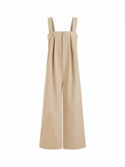 Cotton-blend Square Neck Pleated Button Wide Leg Jumpsuit