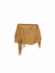 Stretch Washed Denim Low Rise Fringe Micro Shorts