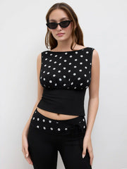 Chiffon Boat Neck Polka Dot Lace Up Tank Top