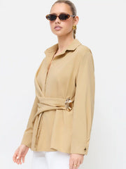 Collar Long Sleeve Metal Detail Knotted Blouse