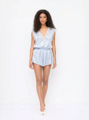 Satin V-neck Lace Trim High Rise Micro Romper