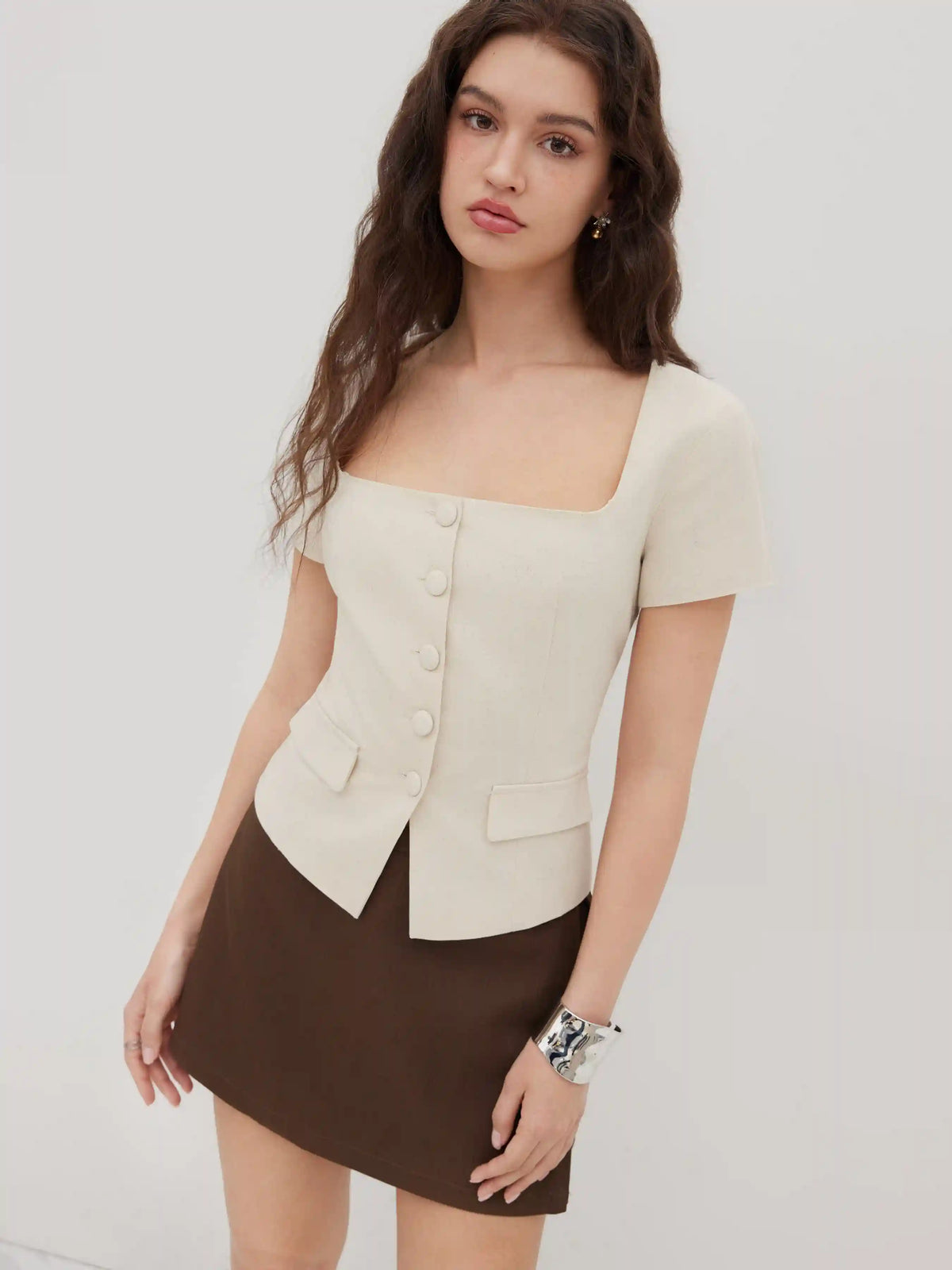 Linen-blend Button Split Short Sleeve Top