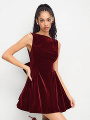 Velvet Boat Neck Bow Backless Mini Dress