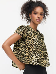 Leopard Peter Pan Collar Puff Short Sleeve Button Blouse