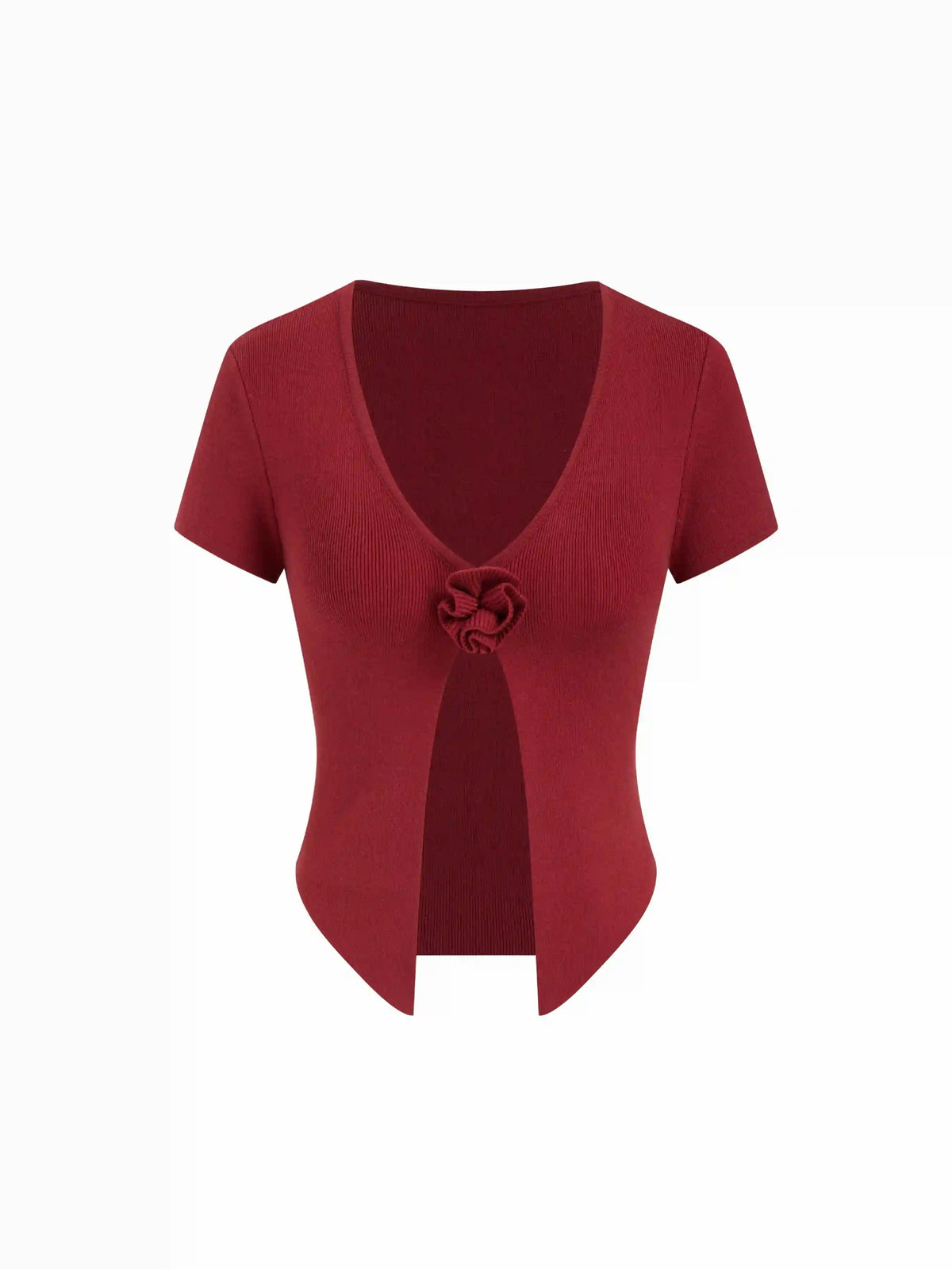 Knit V-Neck Rosette Short Sleeve Split Top