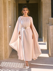 Satin Cape Sleeve Belted Maxi Dress With Metal Detail
