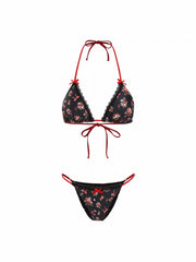 V-neck Floral Bowknot Halter Bikini Set & Cover Up Skirt