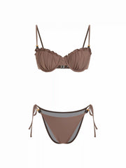 Sweetheart Ruched Lettuce Trim Bead Detail Tie Side Underwire Bikini Set