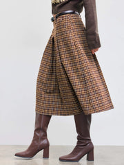 Wool-like Mid Rise Checks Pleated Maxi Skirt With Belt