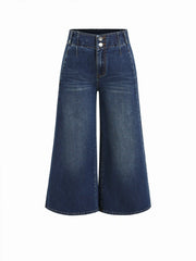 Stretch Denim High Rise Wide Leg Cropped Jeans With Metal Button
