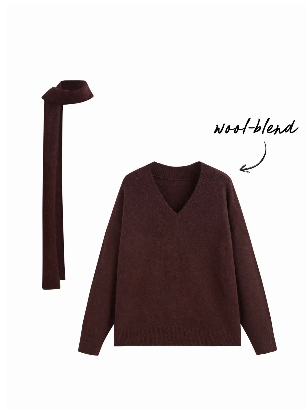 Knit Wool-blend V-neck Long Sleeve Oversized Top With Scarf