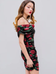Asymmetrical Neck Rosette Floral Ruched Mini Dress