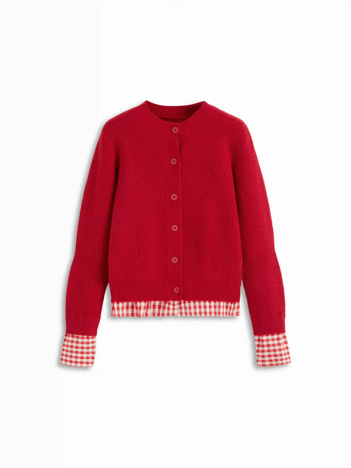 Knit Round Neck Cardigan With Gingham Trim