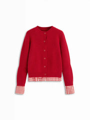 Knit Round Neck Cardigan With Gingham Trim