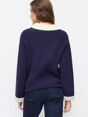 Knit Collar Two Tone Button Long Sleeve Top