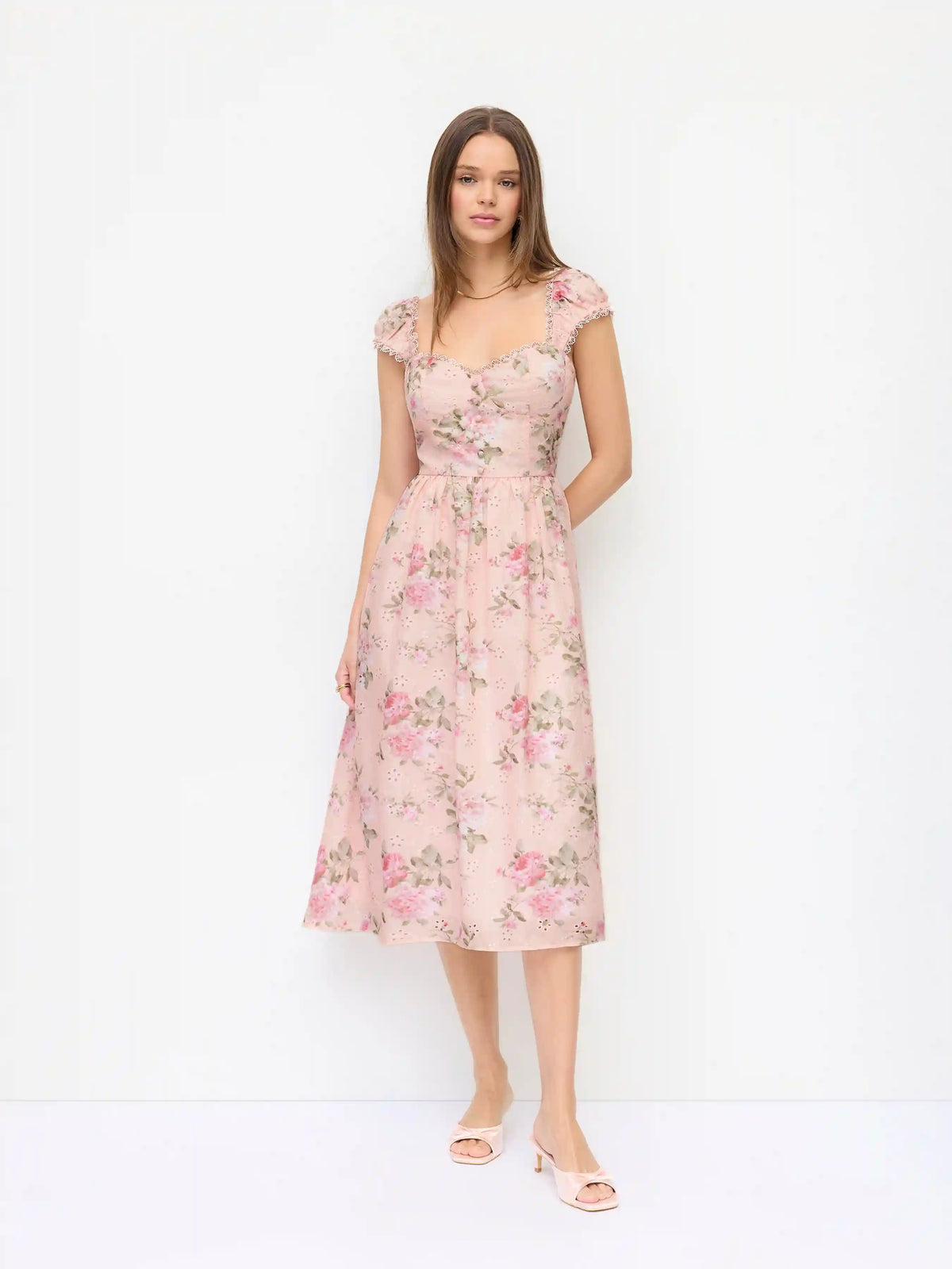 Eyelet Floral Sweetheart Neck Shirred Flared Midi Dress