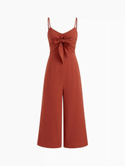 Cotton-blend Bowknot Shirred Cropped Wide Leg Jumpsuit