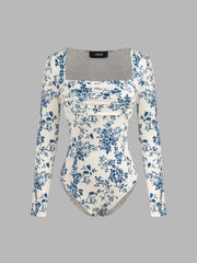 Square Neck Floral Ruched Bodysuit