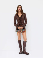 V-neck Lettuce Trim Layered Ruffle Hem Lace Patched Bell Sleeve Top
