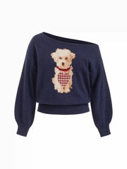 Knit Asymmetrical Neck Puppy Pattern Lantern Sleeve Sweater Curve & Plus