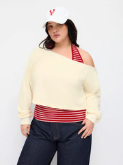 Two Piece Terry Asymmetrical Neck Crop Sweatshirt With Striped Tank Top Curve & Plus
