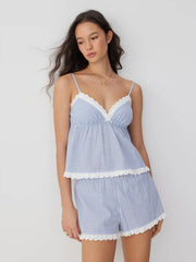 Cotton-blend Striped Sweetheart Lace Trim Cami Top & Mid Rise Shorts Loungewear Set