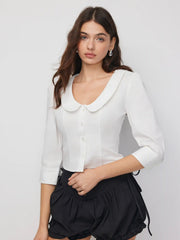 Cotton-blend Peter Pan Collar Middle Sleeve Blouse