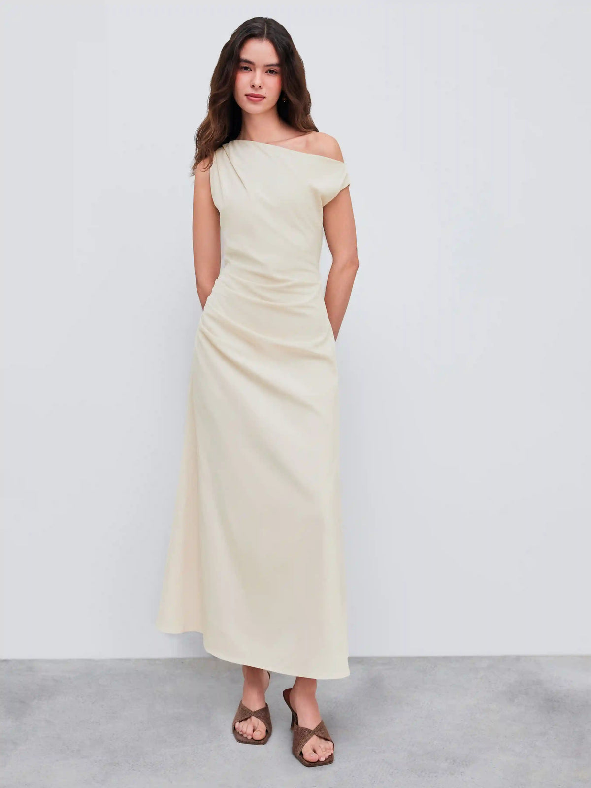Asymmetrical Neck Solid Ruched Maxi Dress