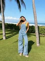 Petite Washed Denim Bowknot Buckle Up Wide Leg Overall