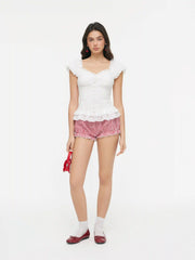 Cotton Embroidery Floral Ruffle Hem Button Blouse