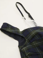 Sweetheart Plaid Lace Trim Ruched Mini Dress