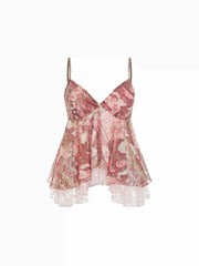 Chiffon Paisley Graphic V-neck Lace Panel Cami Blouse