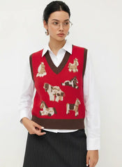 Knit Horse Graphic V-Neck Contrasting Binding Cropped Vest