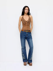 Halter Neck Fringe Button Front Top